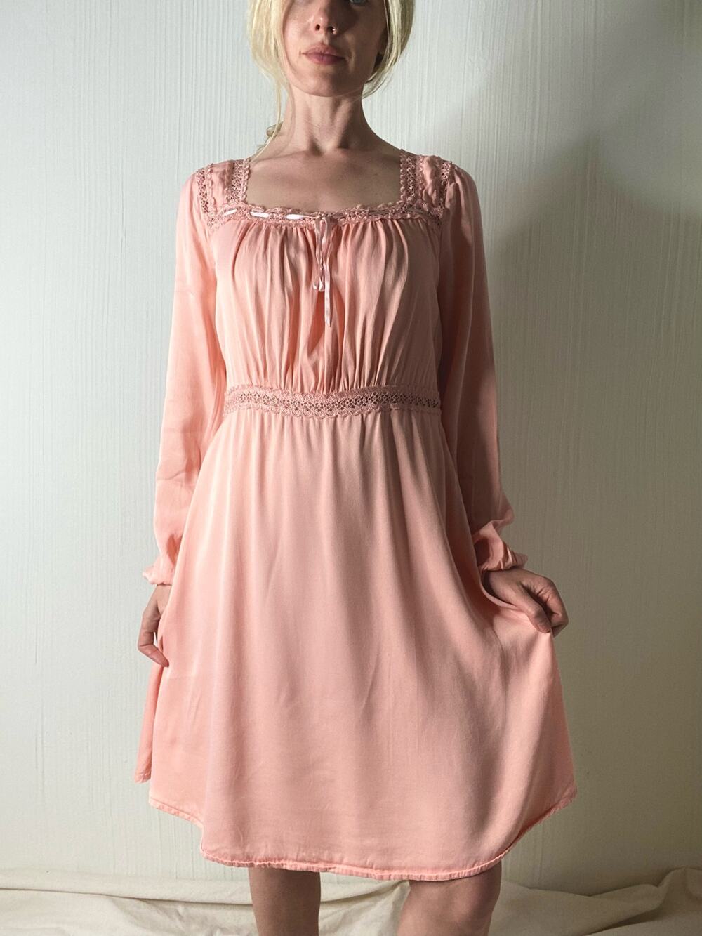& OTHER STORIES Lace Trim Satin Long Sleeve Dusty Pink Dress US 10